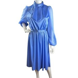 1970s Kevin Stuart Vintage Jabot Tie Neck blue Midi Dress Belted JS